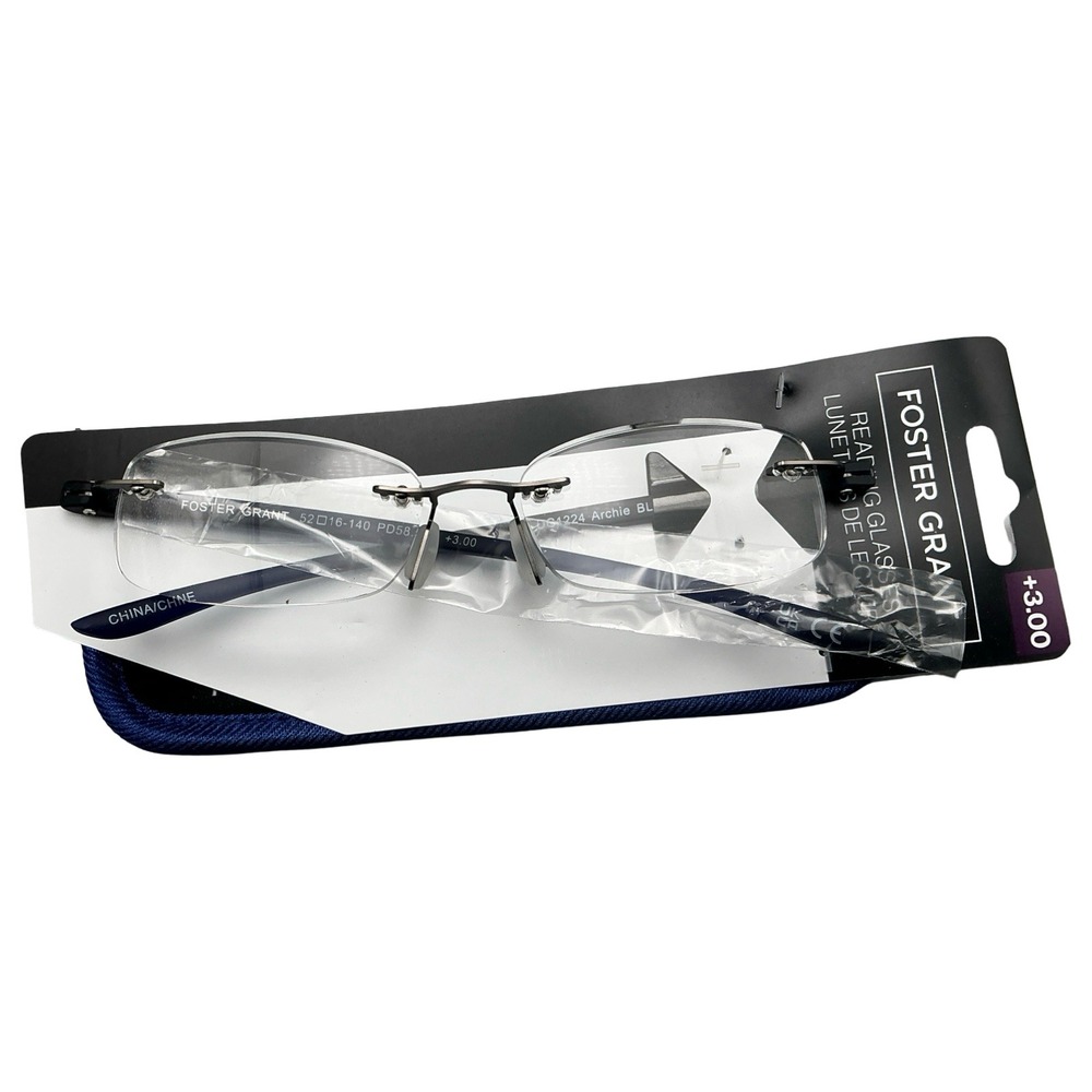 Foster Grant Archie Rimless Reading Glasses +3.00 Black Blue DS1224 52-16-140